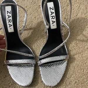 Zara TRF Snakeprint Silver Strappy Heels